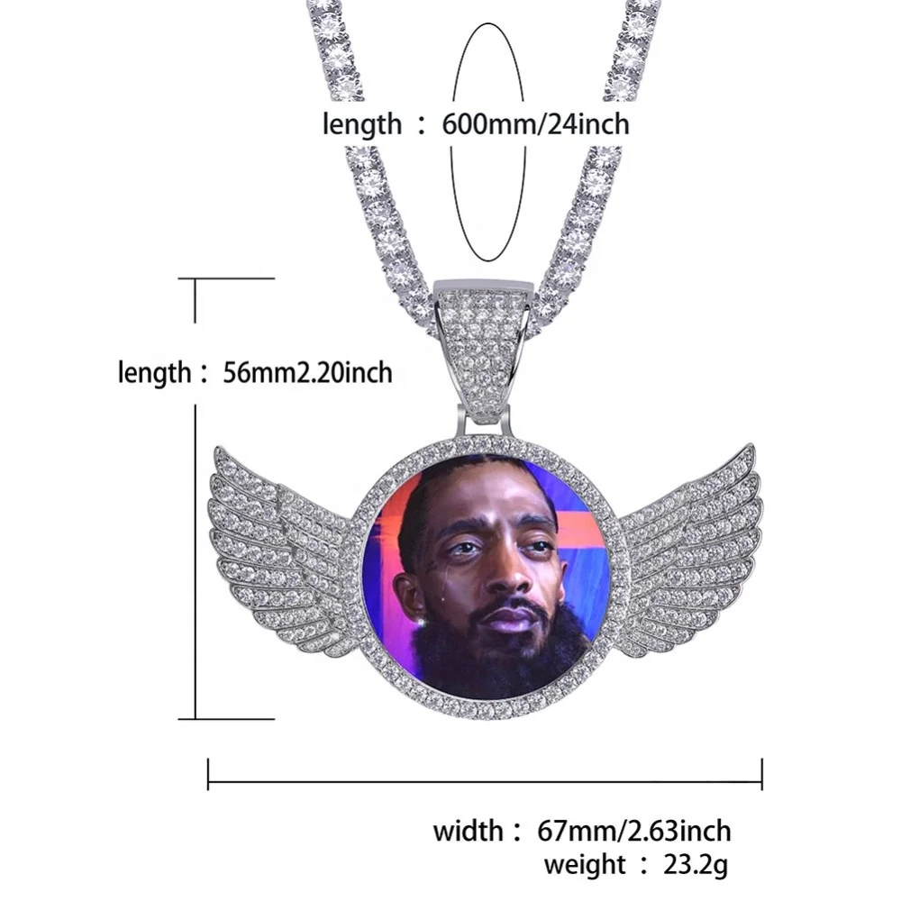 New Custom Made Photo Angel Wings Charms Pictures Pendants Gold Silver Color Bling Iced Out Cubic Zirconia Women Hip hop Jewelry