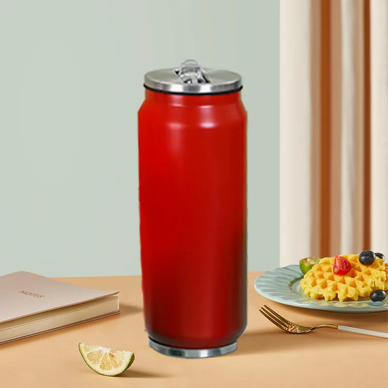 Stainless Steel Double Wall Vacuum 500 ml  Cola Soda Cokes Can Bottle Thermos Water Bottle With Flip Lid And Straw