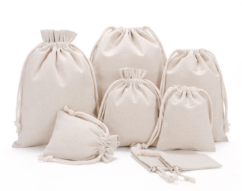 wholesale logo Reusable lien Cotton Canvas Drawstring Bags, Muslin Grocery Organic Dust Bag For Wedding Party Gift Packaging/