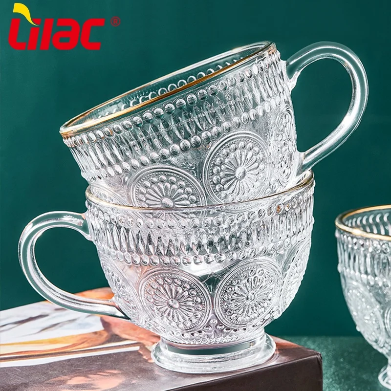 Lilac BSCI SGS LFGB 420ml 300ml sunflower glass tea cup tazas transparentes de vidrio transparente taza transparente crista