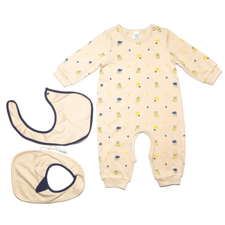 
Hot sales Cotton baby clothing set 3 pcs longsleeve romper hat and bibs new style for baby 