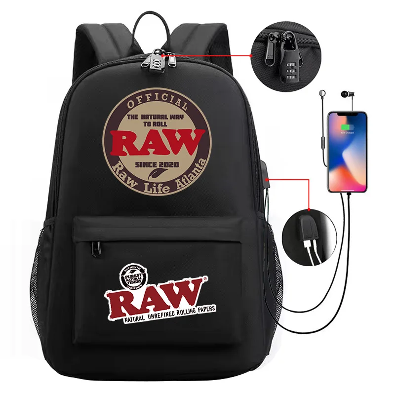 Custom Printed Cartoon Anime Travel Book Bag Back Pack Waterproof Men Backwoods Cookie RAW Laptop Sport USB Backpack With Lock