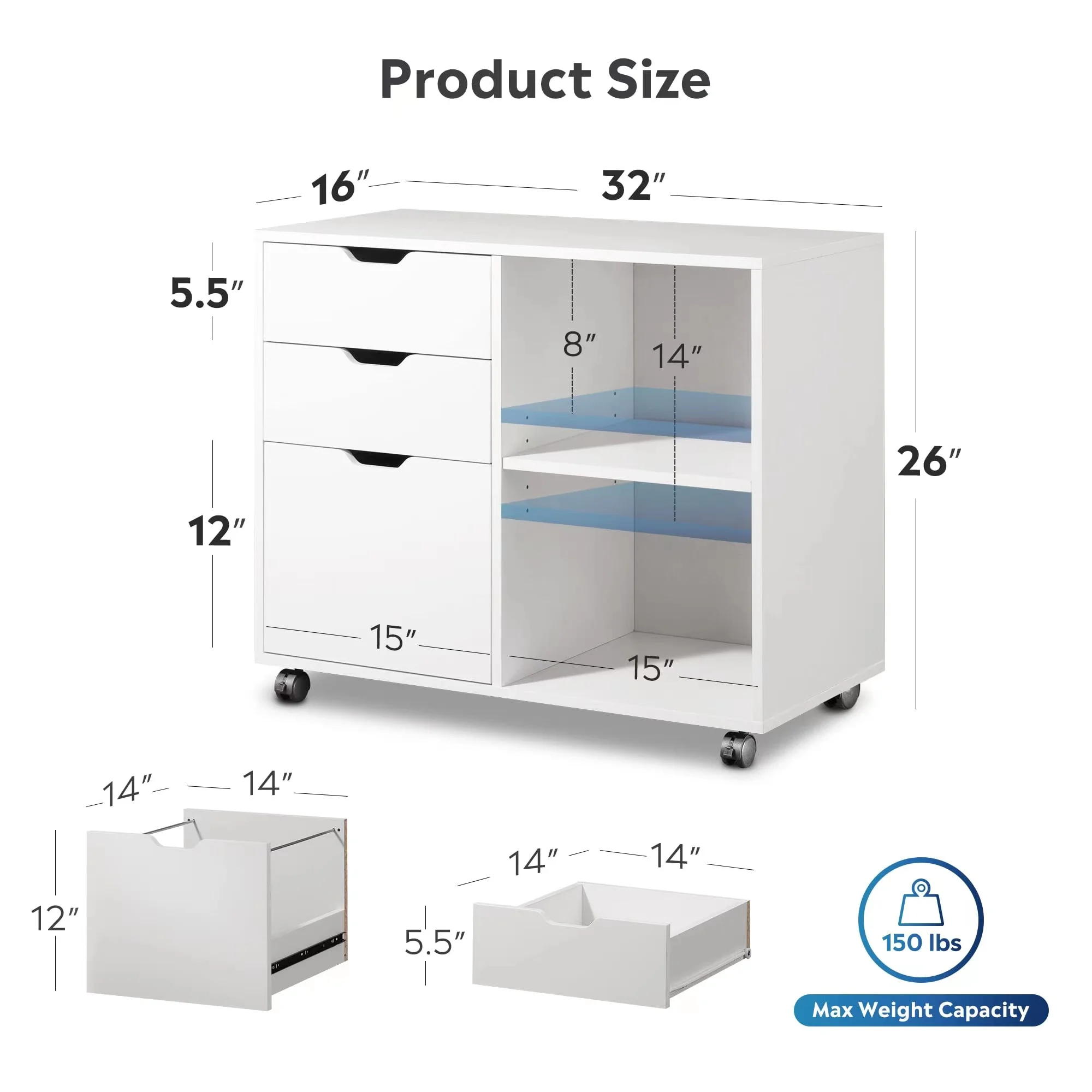 DEVAISE 3-Drawer Wood File Cabinet, Mobile Lateral Filing Cabinet, Printer Stand with Open Storage Shelves for Home Office