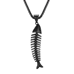 2022 Fashion Men Stainless Steel Gothic Punk Stainless Steel Fish Bone Pendant Necklace for Men