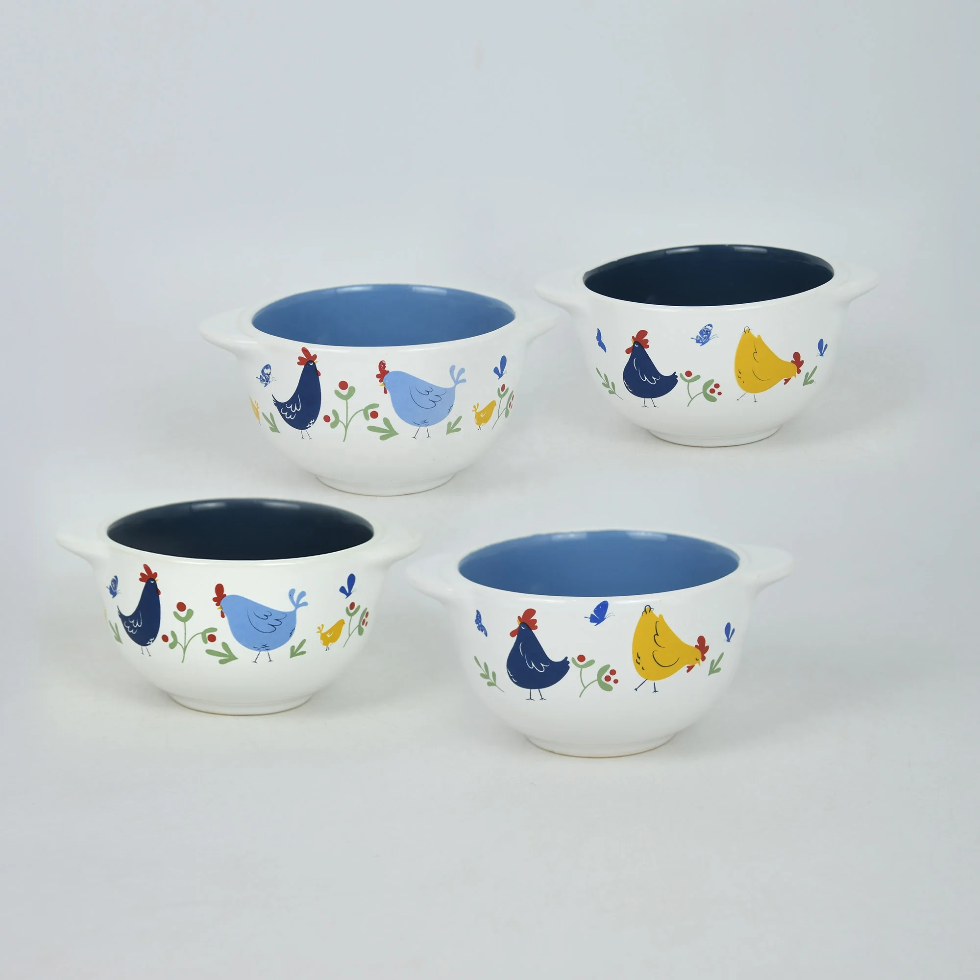 Set of 4pcs 2-tone glaze bowl set with 2 handles solid color round bowl with decal blue inside white outside lovely cock pattern