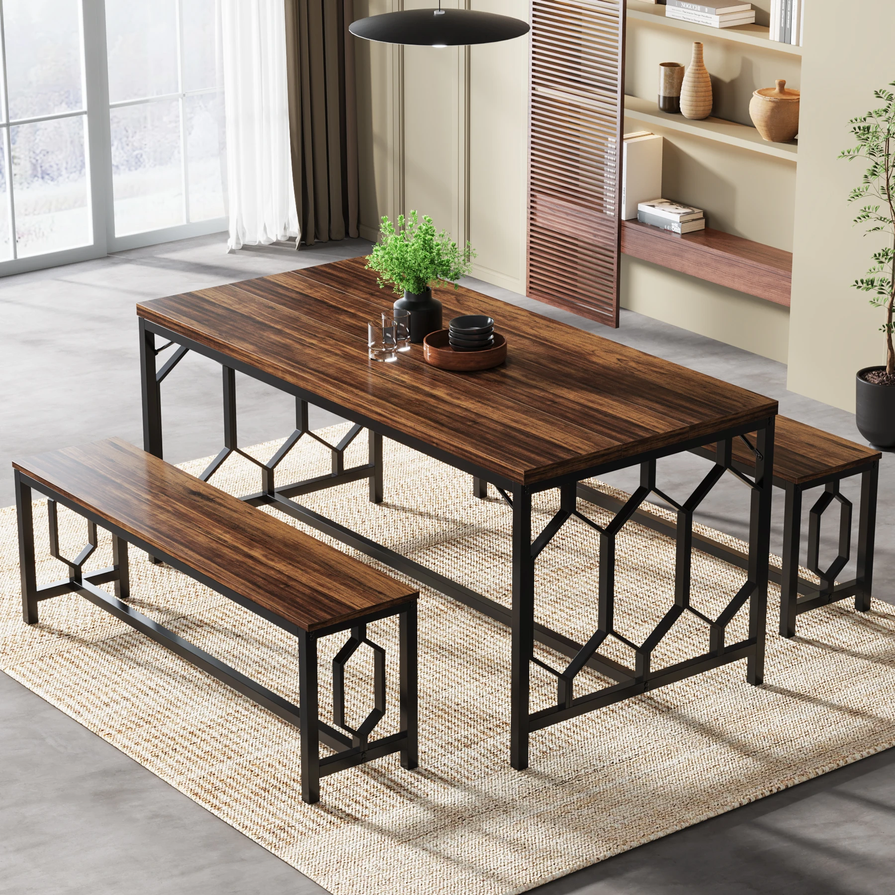 3 / Set Wood Modern Industrial Bar Table Dining Room Furniture Table Set Kitchen Breakfast Table with 2 Benches