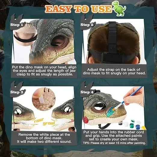 DIY Creative Dino Mask Dinosaur Moving Jaw Masks Animal Head Mask Toy Halloween Costume Party Cosplay Gifts For Girls & Boys