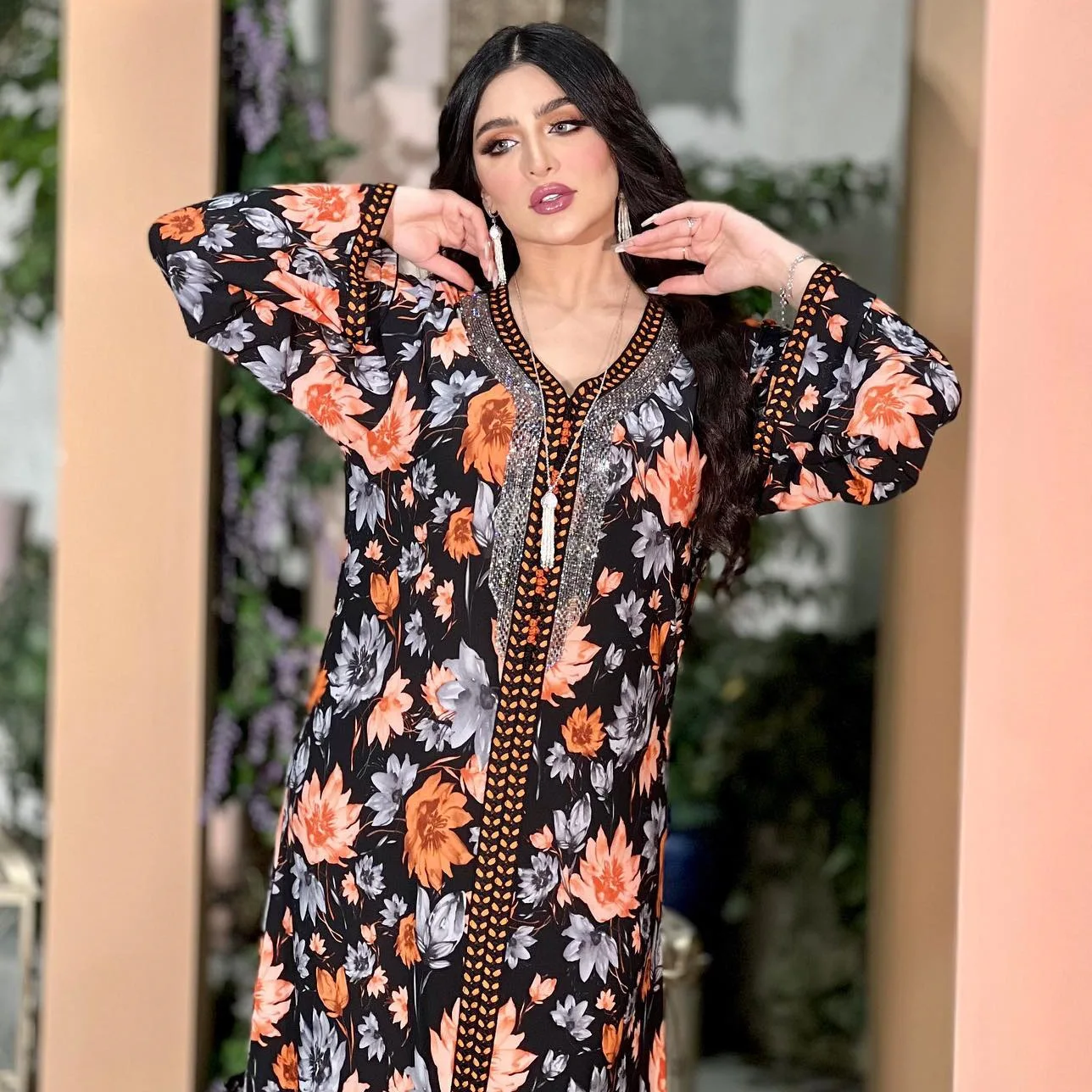 Y AB207 Costume Arabic Dubai robe printed rhinestones vintage ethnic style female