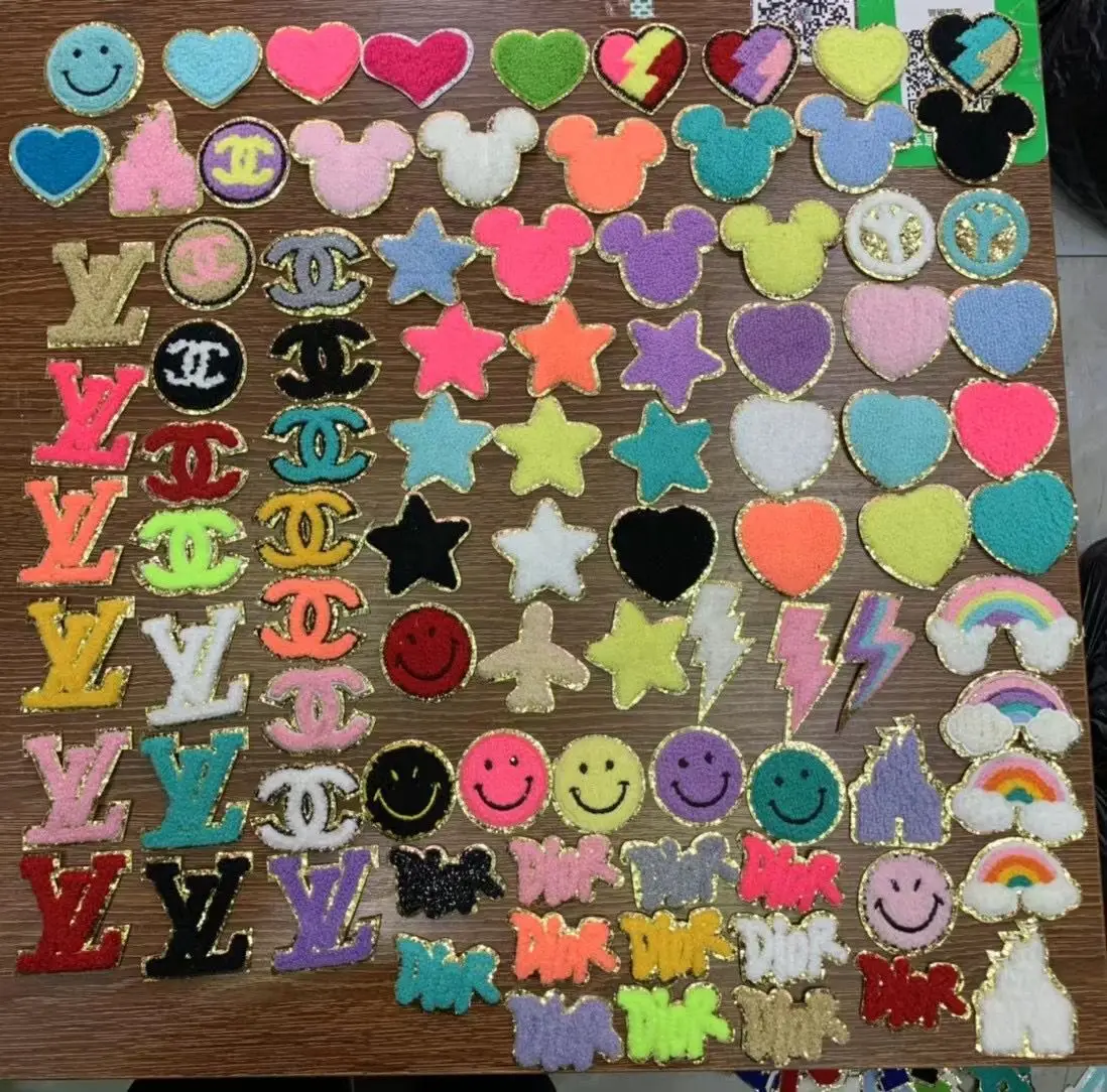 Bespoke cloth stickers with gold trimmed chenille patch embroidery logo for hats, clothes and bags