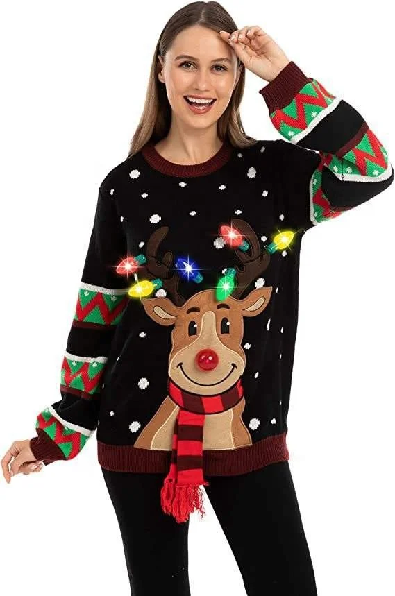 New Arrival Christmas Xmas Jumper Factory Custom Women Adult Jacquard Deer Music Ugly Christmas Sweater Jumper With Led Lights