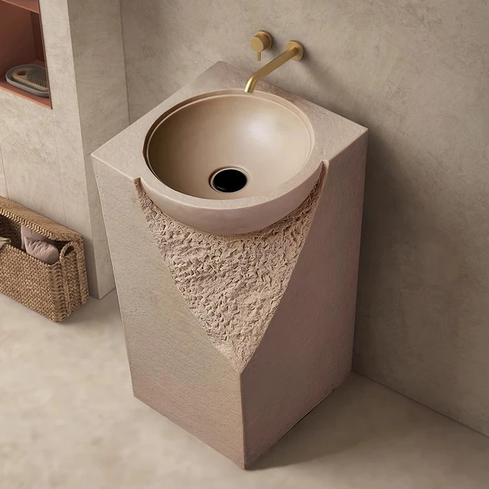 High end free standing artifical stone pedestal wash basin grey color square shape bathroom sink for hotel home