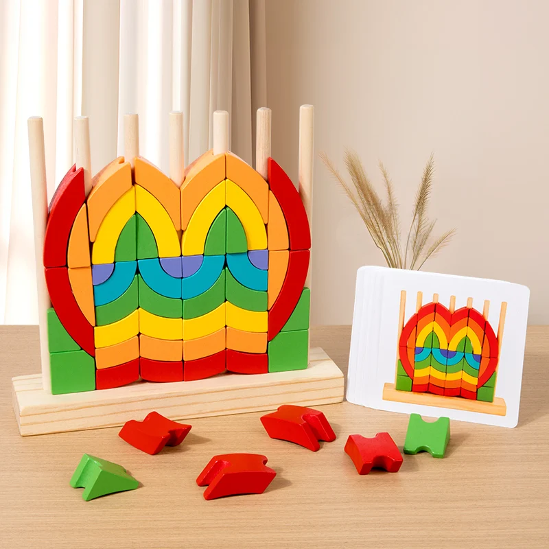 Wooden Rainbow Stacking Toy Wood Rainbow Stacker Arch Game Montessori Arch Bridge Rainbow Building Blocks