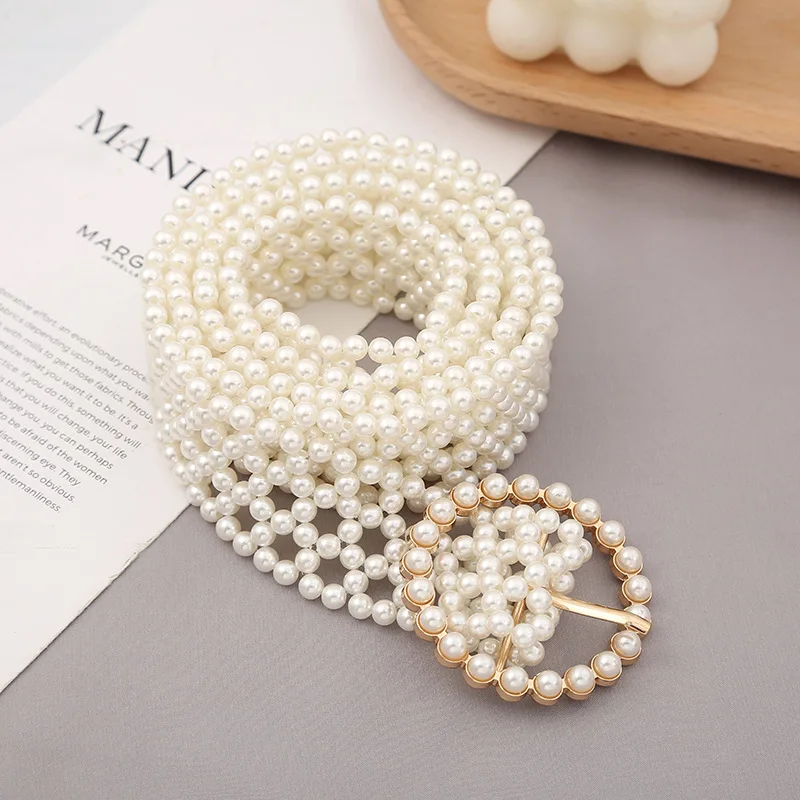 REWIN Fashion Handmade High Quality Lady Pearl Weaved Beaded Chain Waist Belt for Women Dress