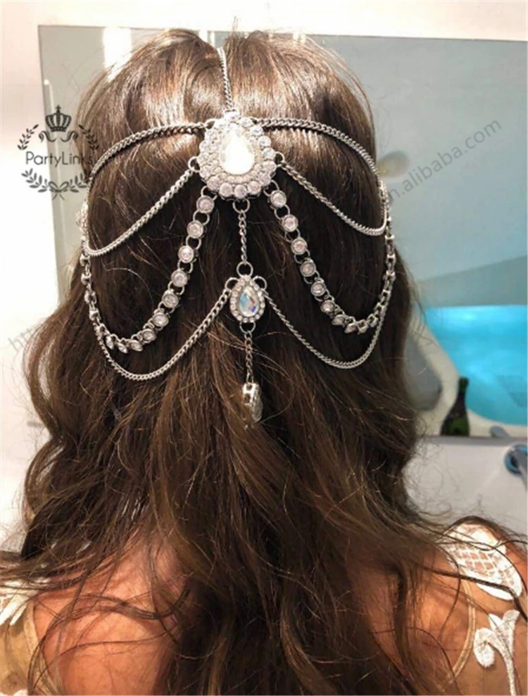 Turkey Kundan Stone Head Chain Crown Rhinestone Back Hold Headbands Headpiece Bridal Wedding Hair Accessories Jewelry Tiara