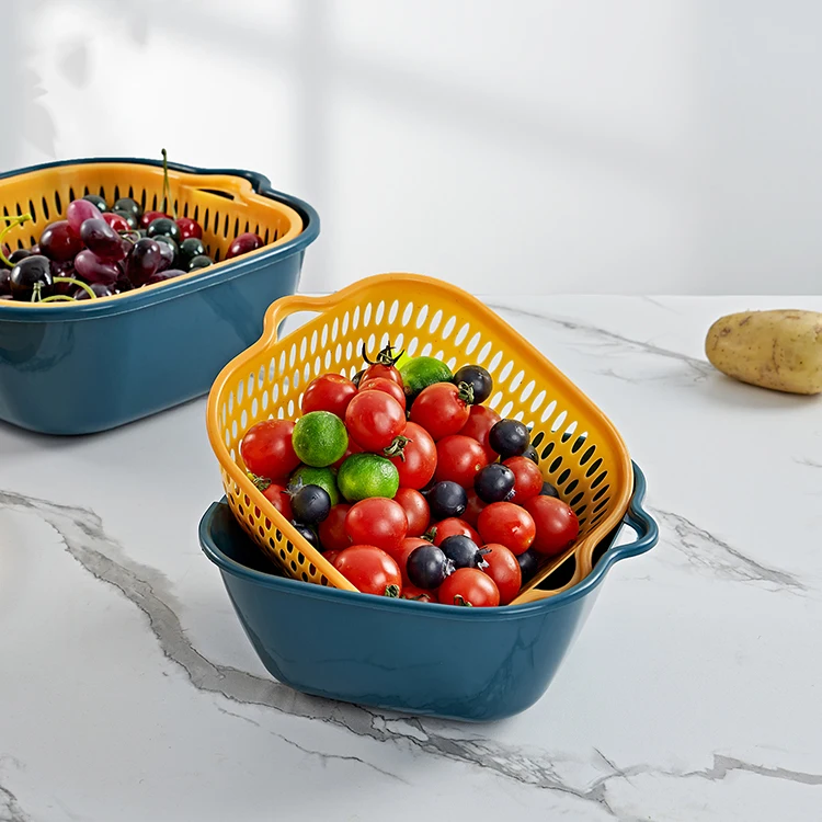 Double Layer Fruit Vegetable Washing Drying Storage Basket Drain Basket With Handle