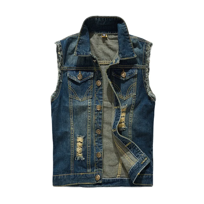 Blue Cowboy Waistcoat Street Wear Washed Sleeveless denim mens utility vest for men