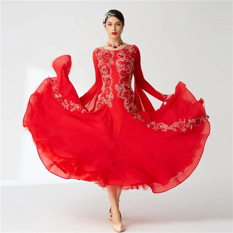 B-2019 Custom smooth dance dresses high quality competition red chiffon ballroom dance dresses from China