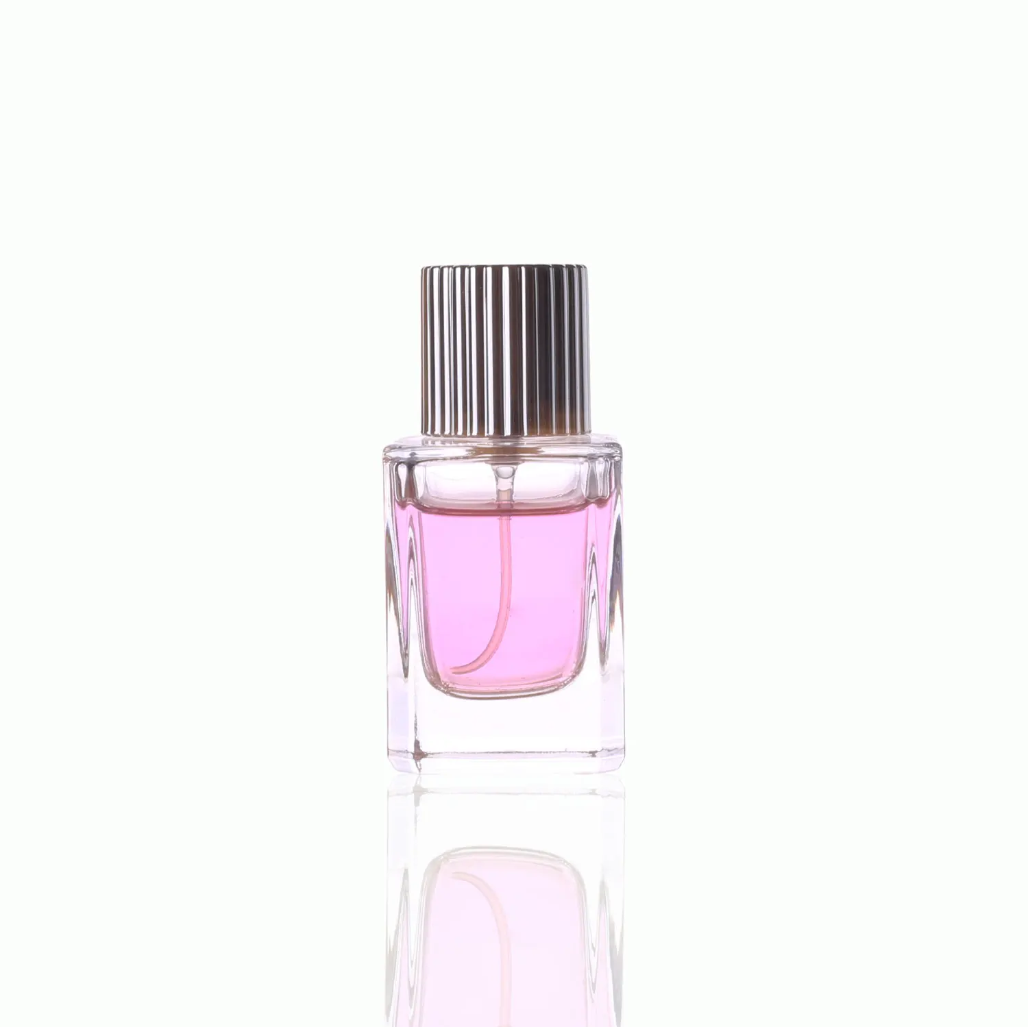 New style empty hexagonal square shaped transparent 30ml glass perfume spray bottles with customized silver lids