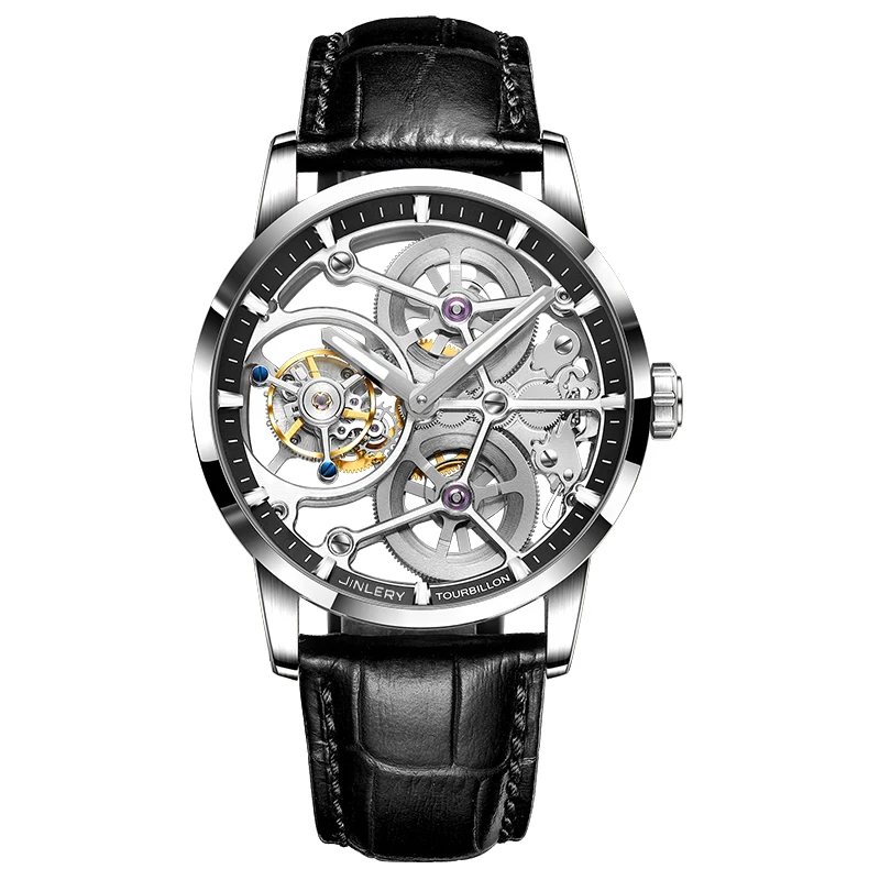 JINLERY Mechanical Men Watch Skeleton Authentic Double Winding Tourbillon Wrist Watches with Luminous Waterproof for Man Round