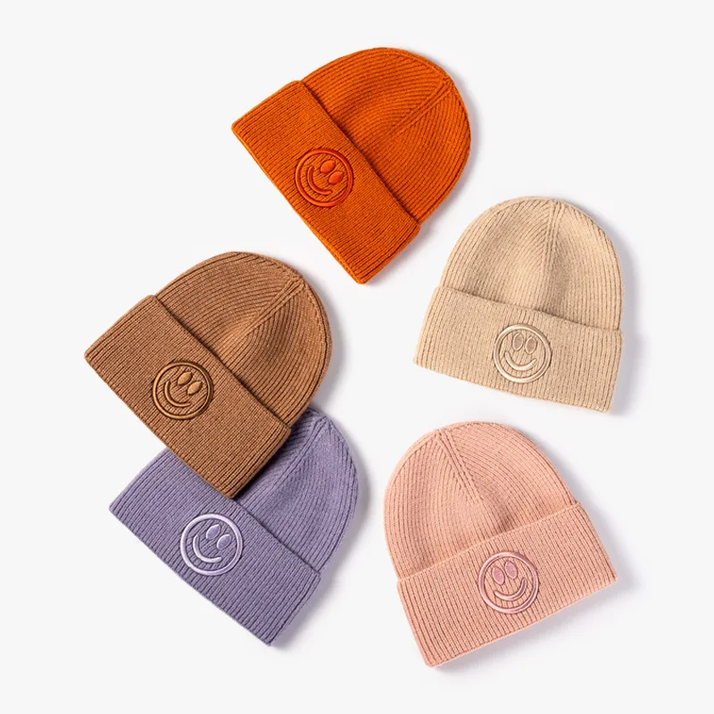 Fashion Solid Color ins Quality Wool Beanie Hats Outdoor Cute Smile Logo Winter Caps Cuffed Pullover Slouchy Beanie
