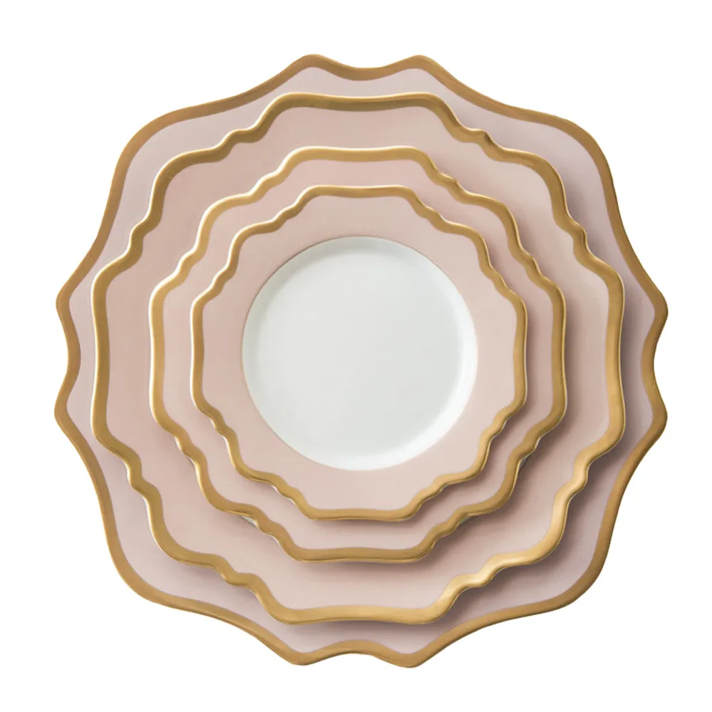New Wholesale Sunflower Pink Charger Plate with Gold Rim Wedding Tableware Set