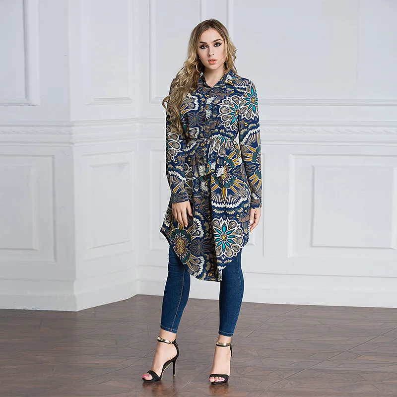 Factory Price Long Sleeve Tops Islamic Clothing Ethnic Floral Printed Muslim Lady Blouse Long Shirts