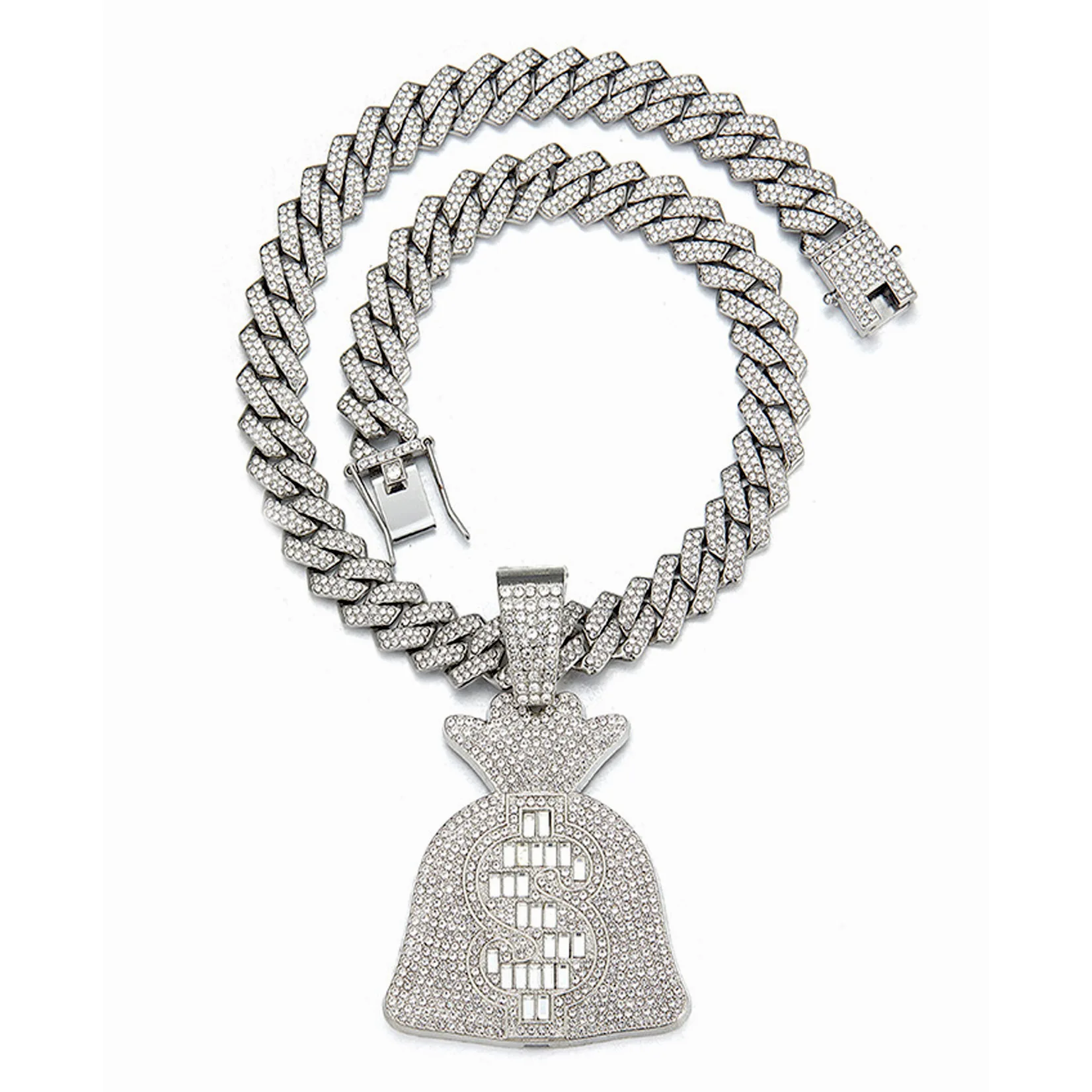 Personalised Ice Candy Diamond Dollar Coin Money Bag Pendant Diamond Cuban Necklace Hip Hop Rap Jewellery