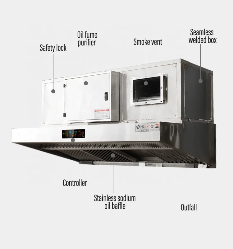 KELV Hotel & Kitchen Automatic Stainless Steel  Fume Removal Smoke Filter Commercial Kitchen Hood Range 3.0M Chimney Motor Hood