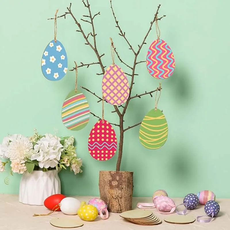 Wooden Egg Cutouts with Hole Unfinished Hanging Ornaments Blank Twine for DIY Crafts Gift Tags Spring Party Decoration