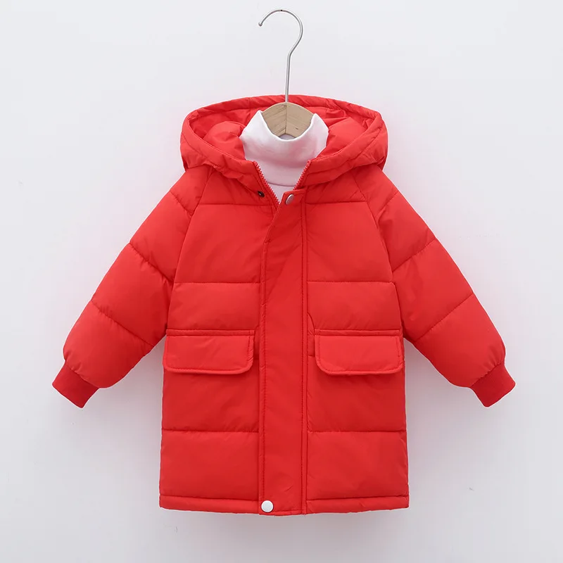 New children padded jacket medium long outwear solid kids winter clothing 100-150 cm cotton down boys girls coat with hooded