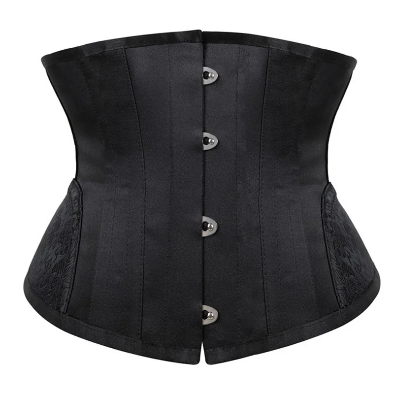 OEM Service Women Corset Waist Trainer With a Skinny Belt Lace up 14 Steel Bone Underbust Waist Cincher Sexy Black Gothic Satin