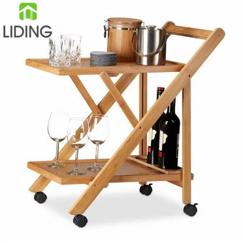 Hot Sale Bamboo Kitchen Storage Serving Trolley Island Cart with Wheels Bamboo Hand Trolley with Wheels