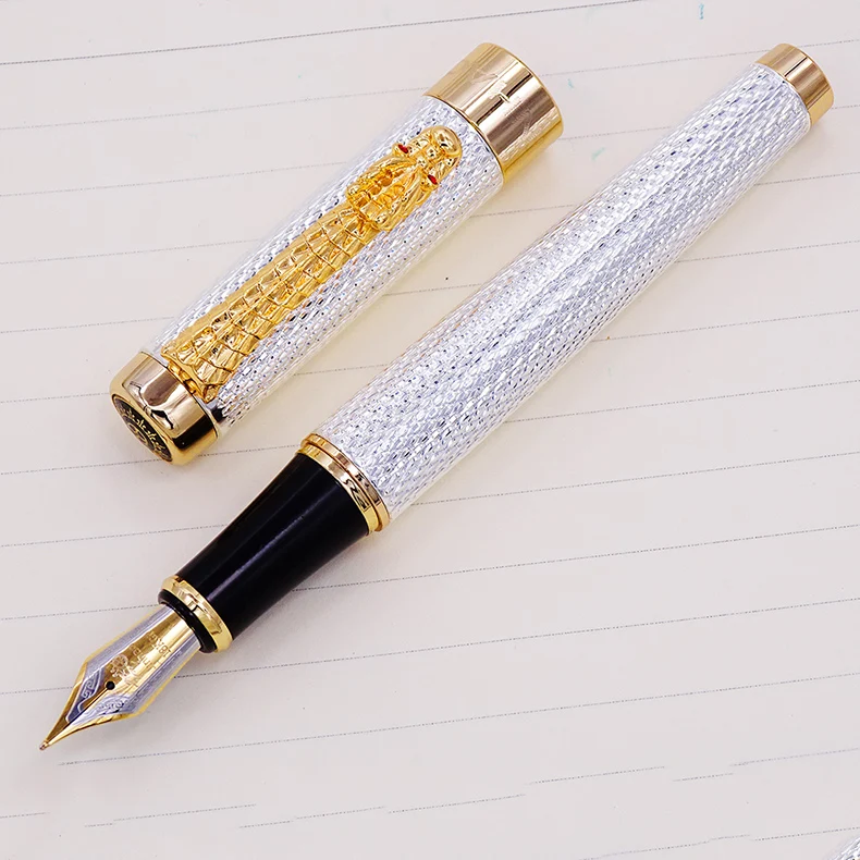 Jinhao 1200 Vintage Luxurious Fountain Pen Beautiful Ripple with Dragon Clip, Noble Silver Metal Carving Ink Pens Collection