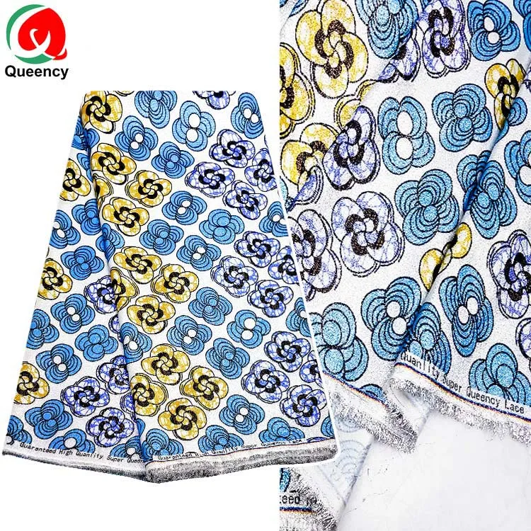 
Queency New Design Custom African Shining Ankara Lace Printing Satin with Silver Lines 