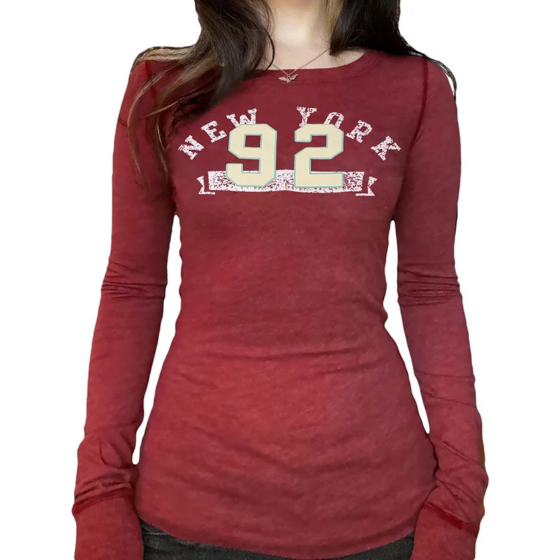 American hot round neck T-shirt autumn new street cool long-sleeved red bottoming shirt top for women
