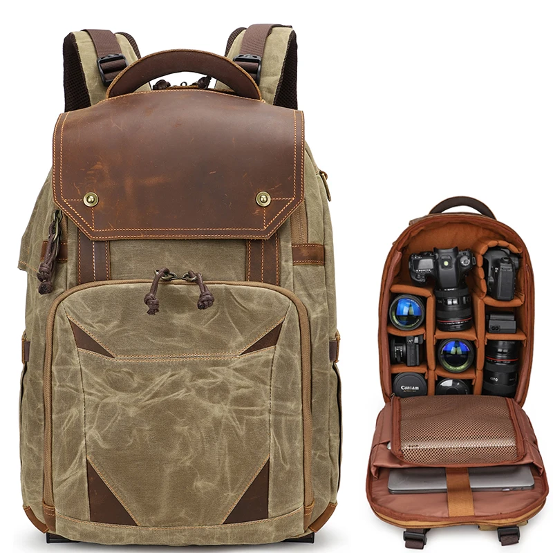 Retro Camera/video Bags Large Waxed canvas Dslr Waterproof Camera Backpack for Photography with Laptop Compartment