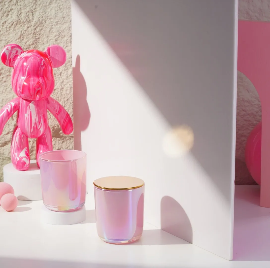 empty big size pink iridescent holographic candle jars 12 oz with box and rose gold lids