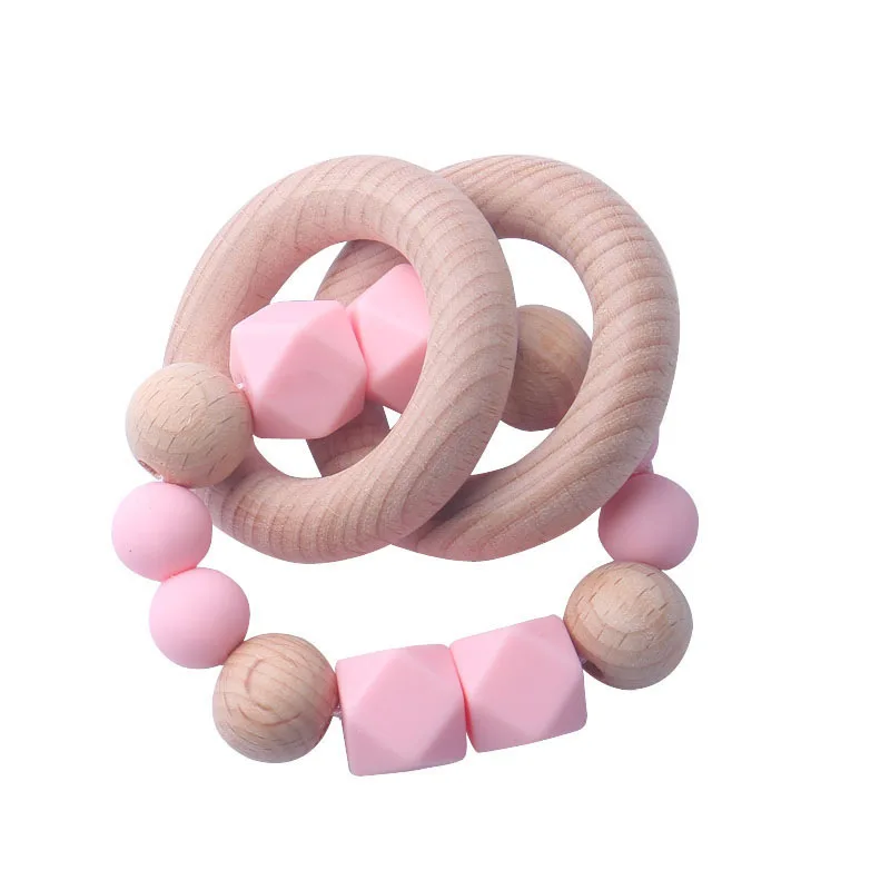 
Custom Beech Wooden Ring Silicone Beads Bracelet Baby Rattle Teether Toy 