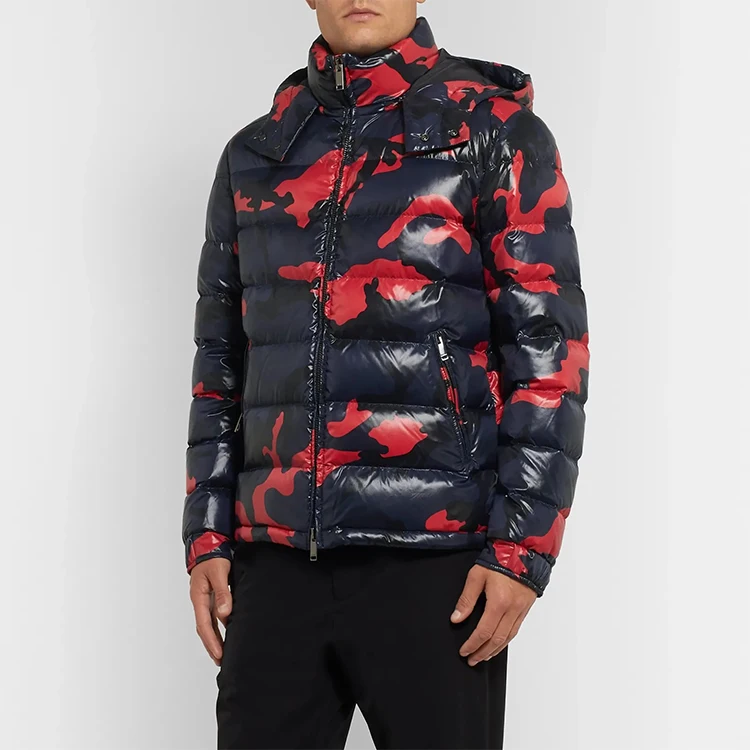 2021 clothing factory custom loose fit allover camo printed mens puffer bubble jacket  winter warm hood down jacket