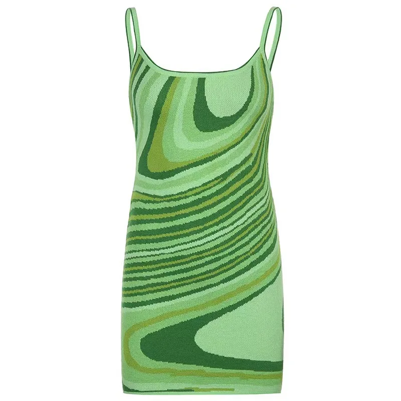 Women Sexy Sling Casual Green Print Corset Short Bodycon Knitted Dress  Y2k Mini Party Jersey Dress