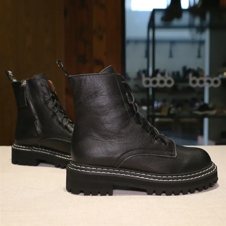 Индивидуальные высококачественные женские ботинки, модные черные кожаные ботинки на ремешках, повседневная женская зимняя обувь