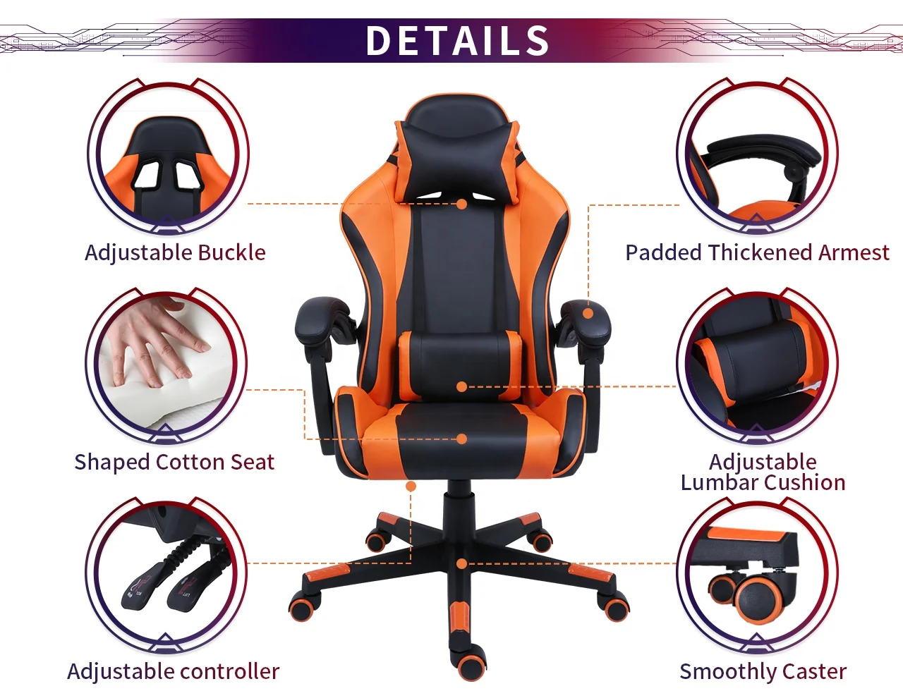  High Quality Orange Swivel Pc Computer Gaming Chair Pu Leather
