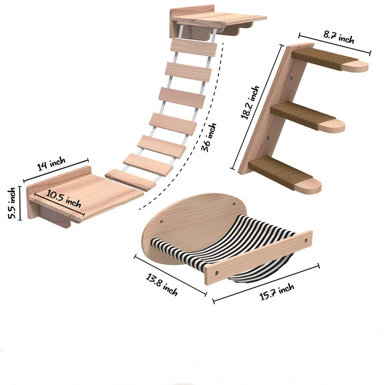 Wall-Mounted Cat Shelf Sets Wood Cat Bed Hammock Climbing Step Solid Wood Modern Cat Wall Shelf Furniture Sets