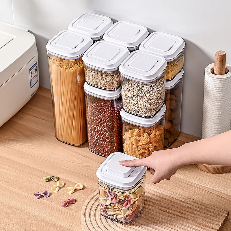 Transparent Push Button Lid Square Sealed Food  Pop Up Storage Kitchen Containers With Airtight Lids