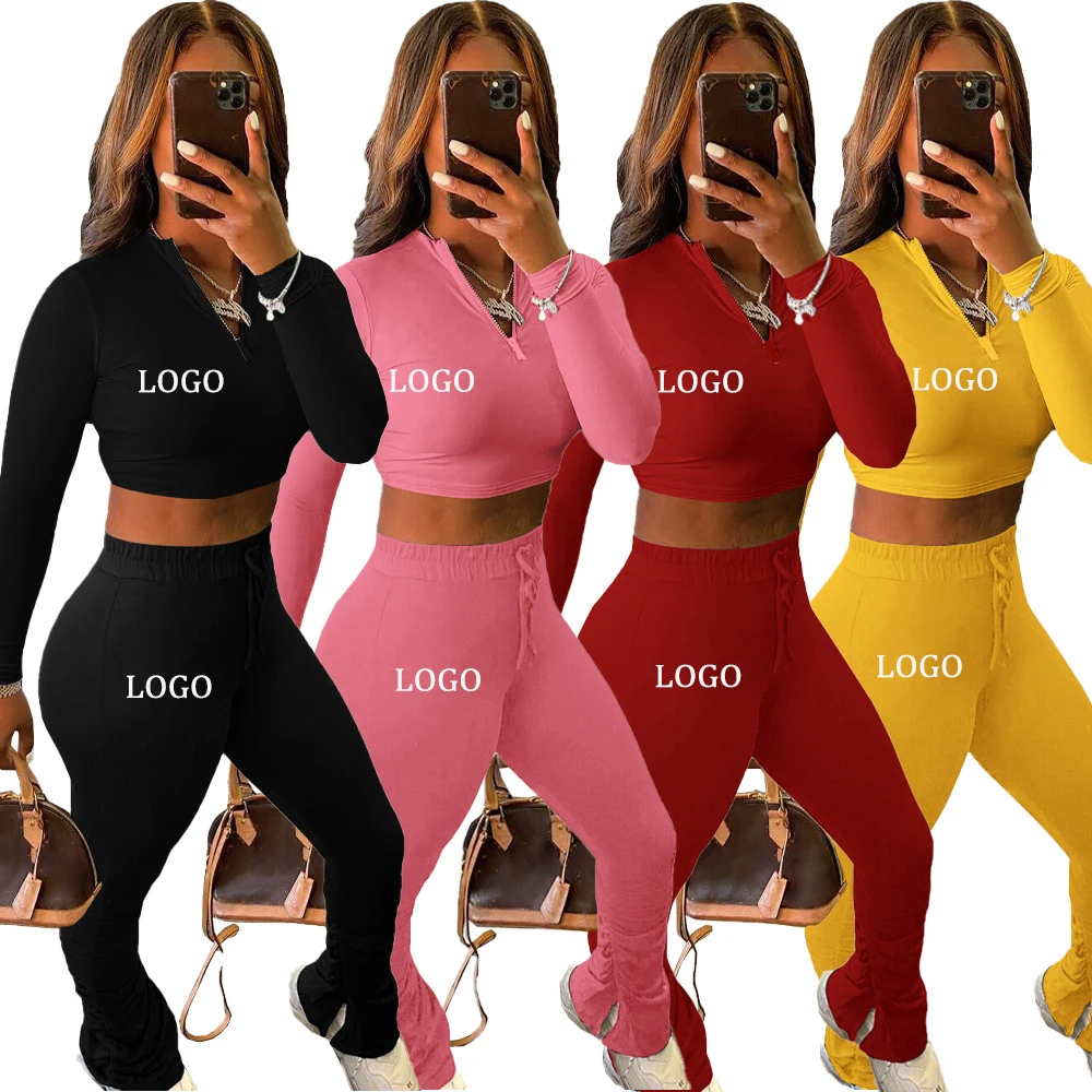 
2021 Custom logo sexy 2 two piece pants set outfit women clothing stacked sweatpants joggers leggings for women 