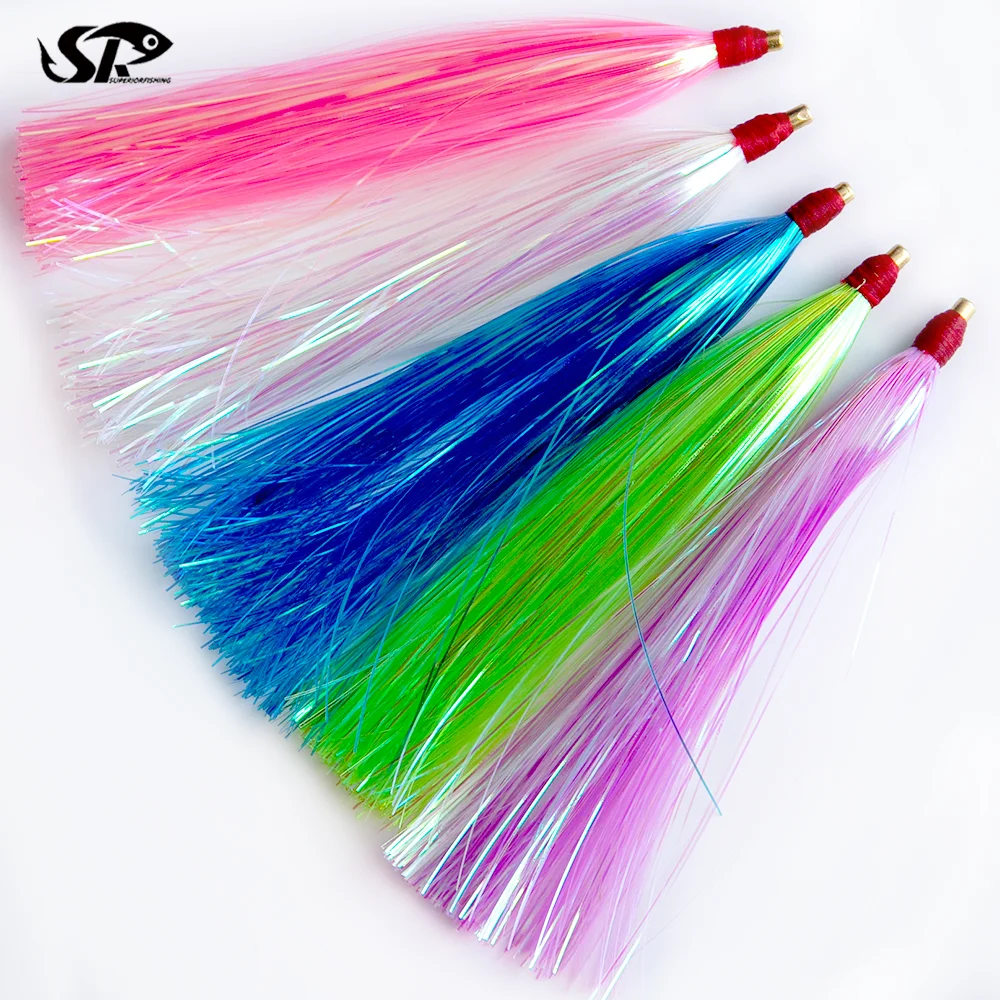 SUPERIORFISHING Jig Mylar Flash Teaser Flash Shiner With Lead Head Fishing Tail Jig Head Bait Fishing Flasher Skirts Hair Baits