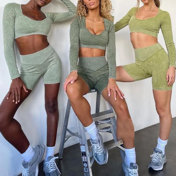 wholesale Custom Sand Washed 6pcs Seamless Yoga Set Workout Clothing Anti-wrinkle Hip Lift Gym Ribbed Yoga Suit Active Wear Set