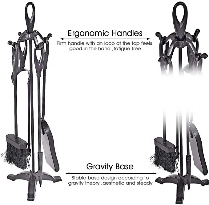 Wood Stove Log Tongs, Holder Tools Kit Sets Stand 27.8 Inches Classic Fireplace tool sets with 5 Pieces