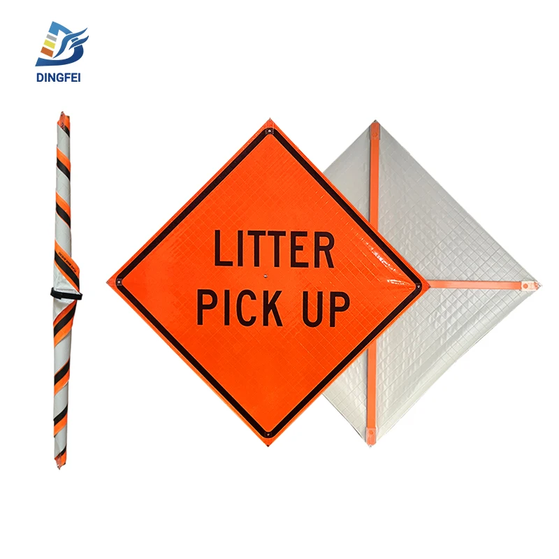 MUTCD Construction Temporary Road Work Litter Pick Up High Intensity Vinyl Reflective Roll Up Traffic Signs