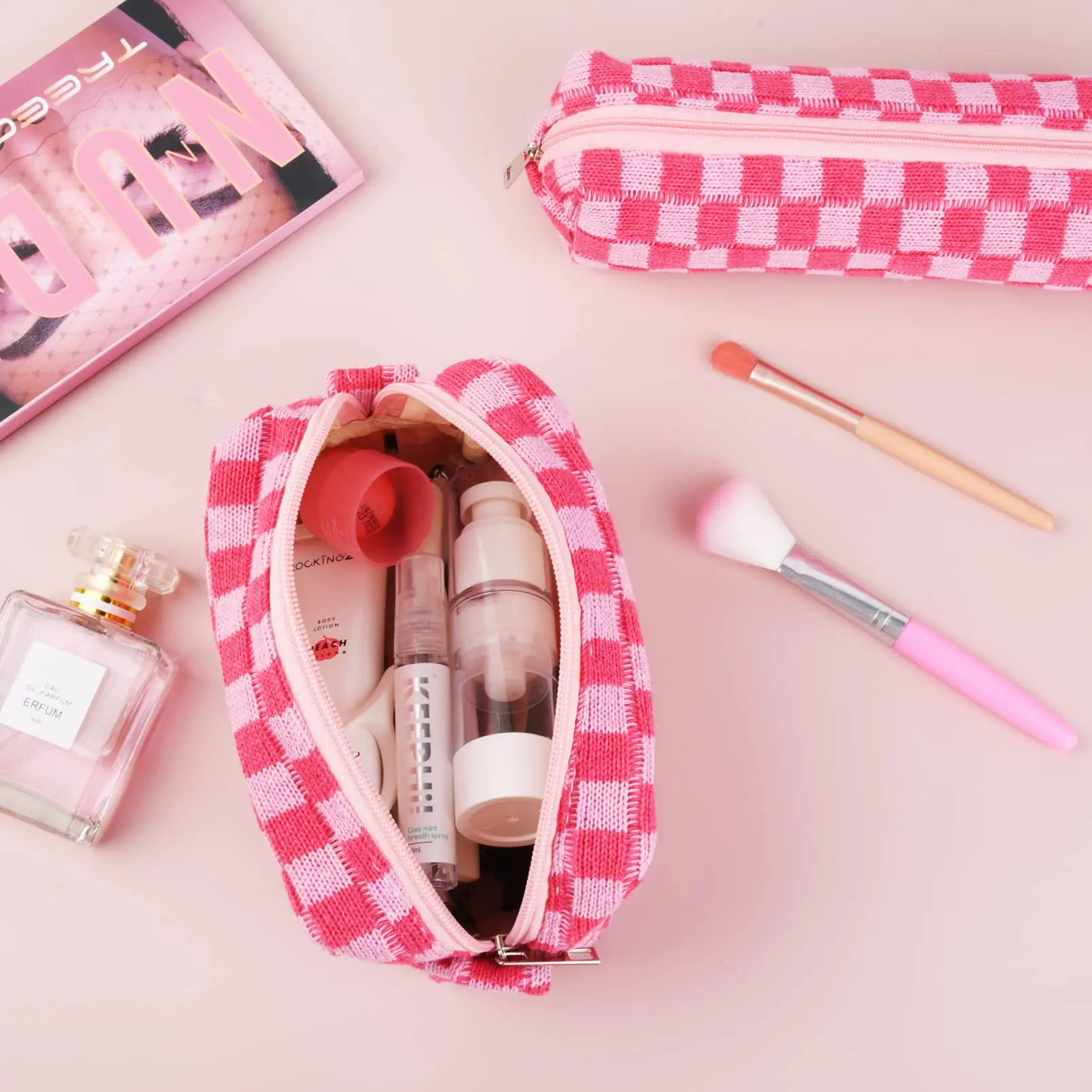 Portable Retro Knitted Women Cosmetiqueras Checkerboard Knitting Pouch Bag Contrast Makeup Case Cosmetic Bags Storage Bag